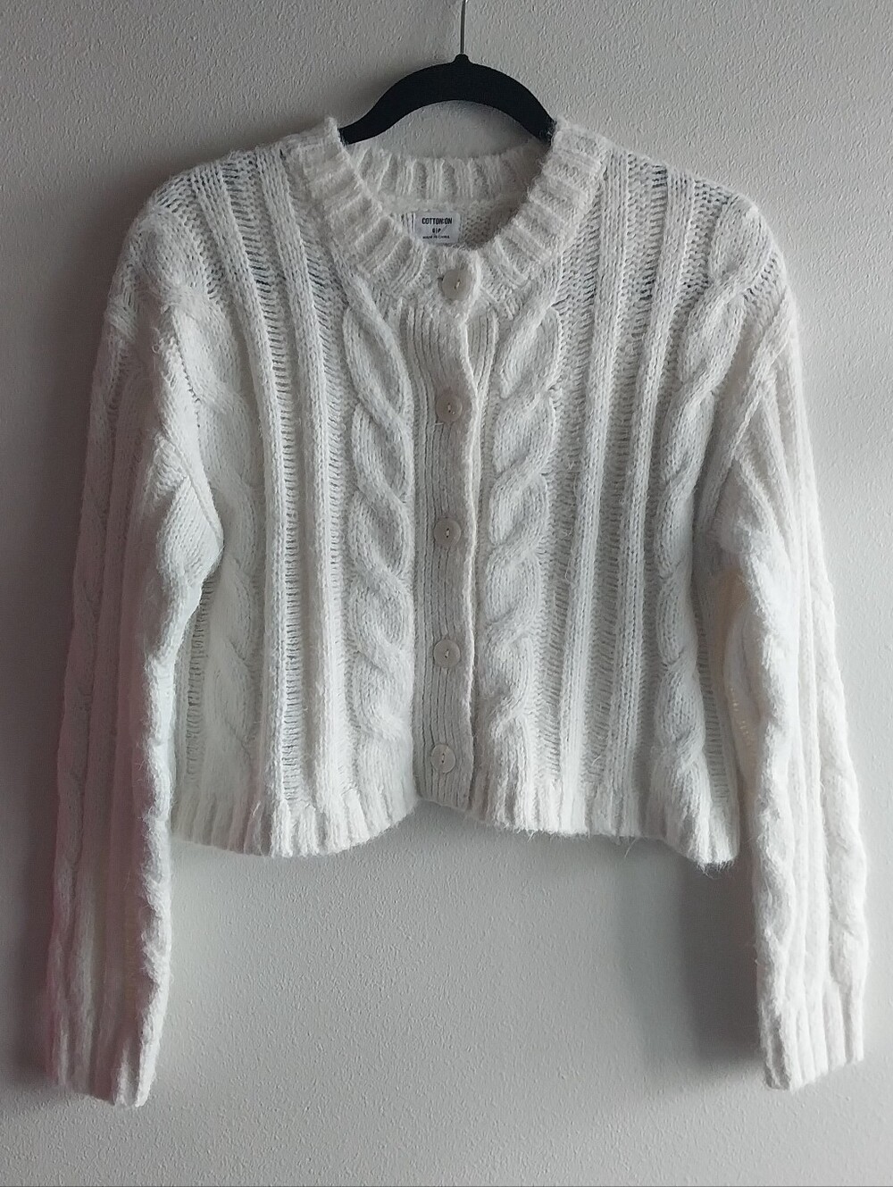 Cotton On White Cropped Cable Knit Wool Blend Button Front Cardigan